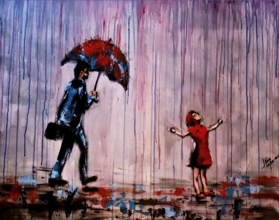 ArteDiAlina.com painting: Blue rain (tribute to Banksy)